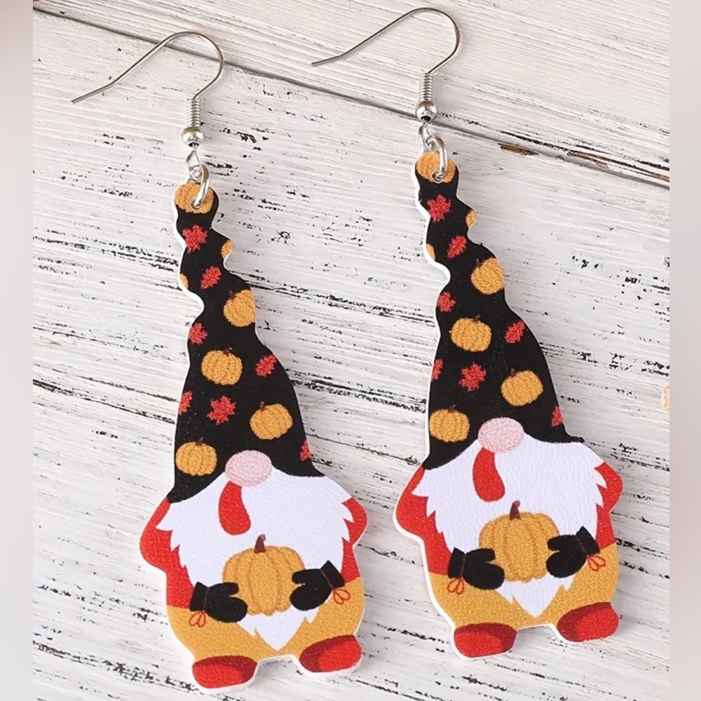Gnome Earrings Fall Pumpkin Thanksgiving Autumn Harvest Maple Leaf Dangle